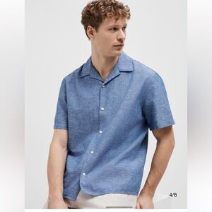Selected Homme Blue Cotton Linen Cabana Camp Shirt MD Resortwear Old Money